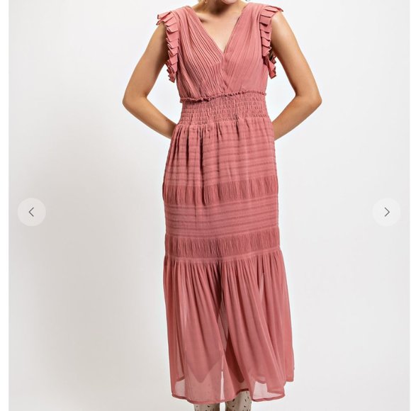 175. Back Tie Pleated Midi Dress with Lining - Picture 2 of 4